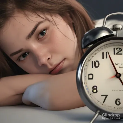 a woman laying on a bed next to an alarm clock