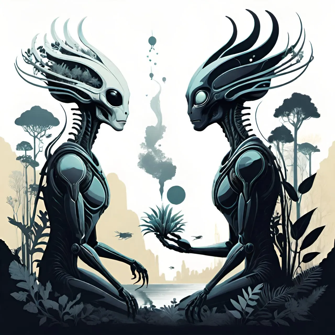 a couple of alien standing next to each other