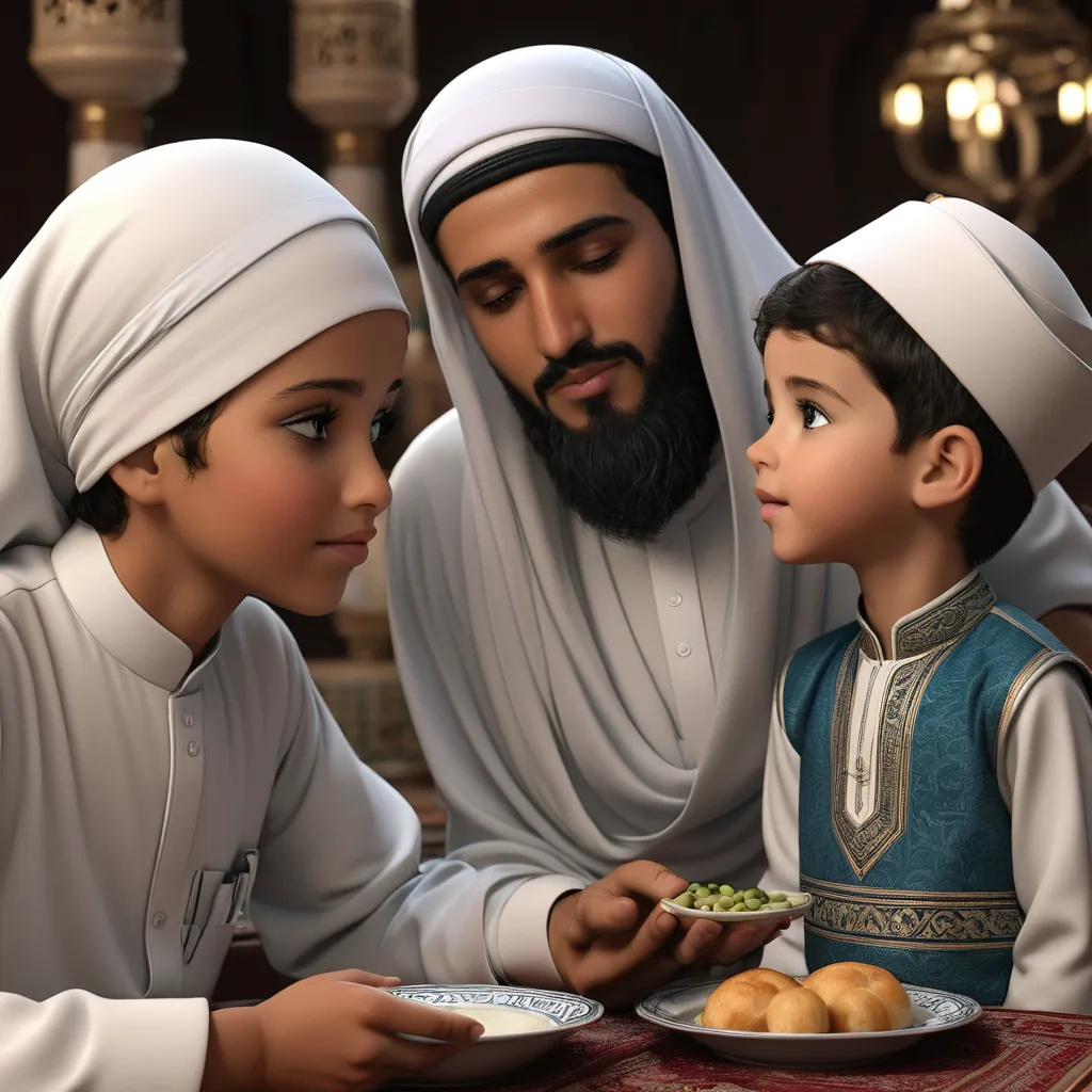 a man and two children sitting at a table eating food