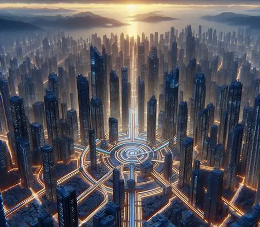 a futuristic city surrounded by tall buildings