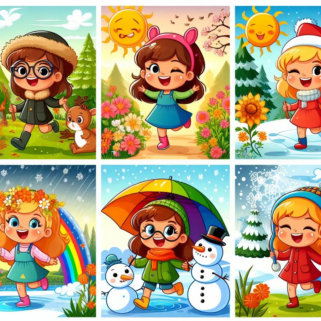 four different scenes of a girl playing in the snow