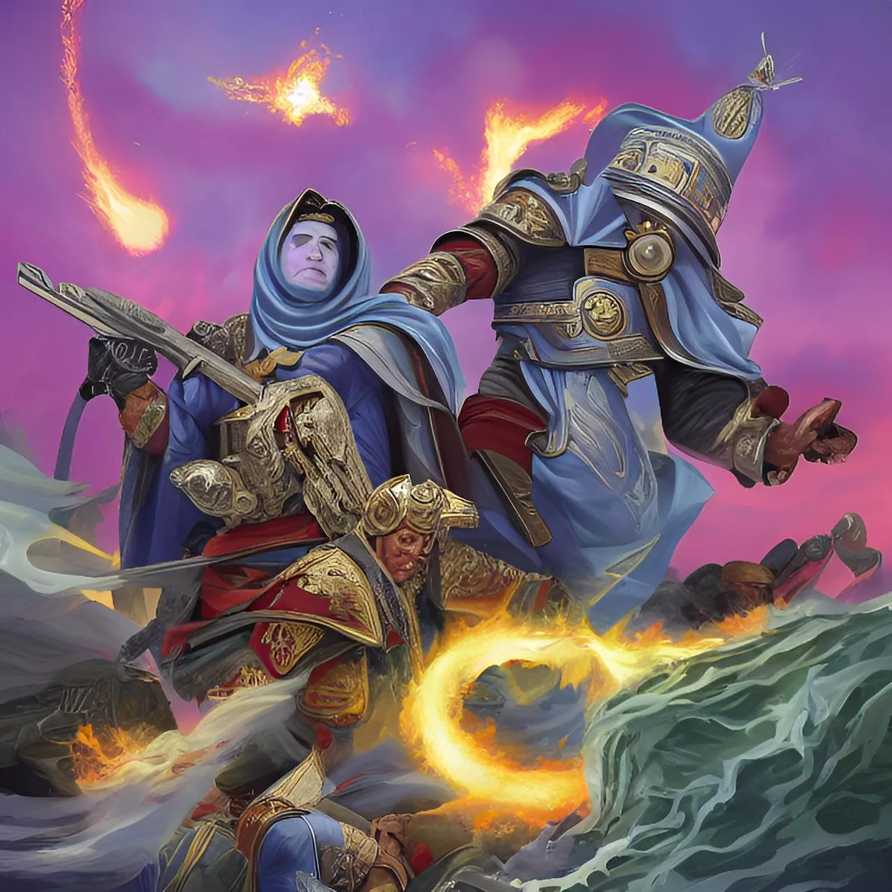 a painting of two knights fighting over a fire