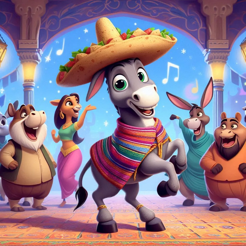 a donkey in a mexican outfit surrounded by other donkeys 