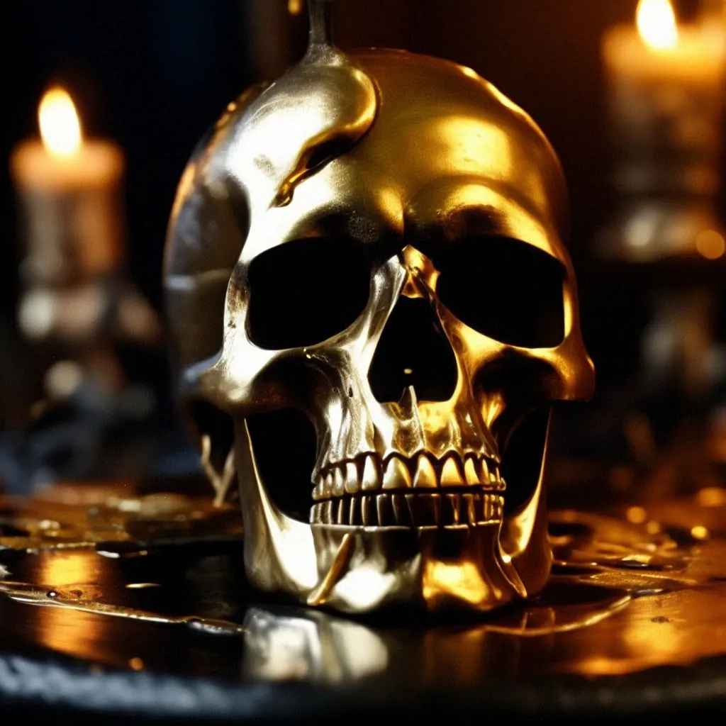 a gold skull sitting on top of a table