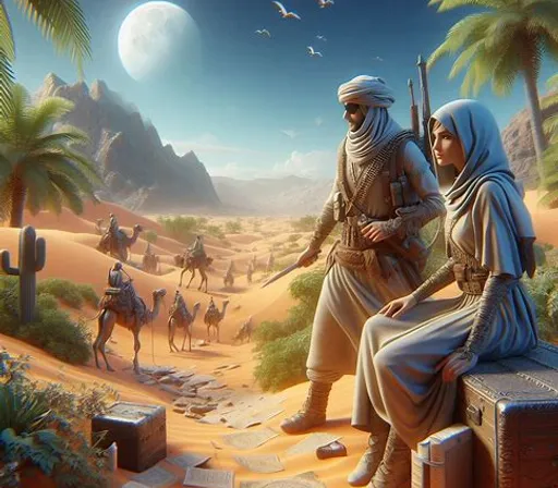 a painting of a man and a woman sitting on a suitcase in the desert