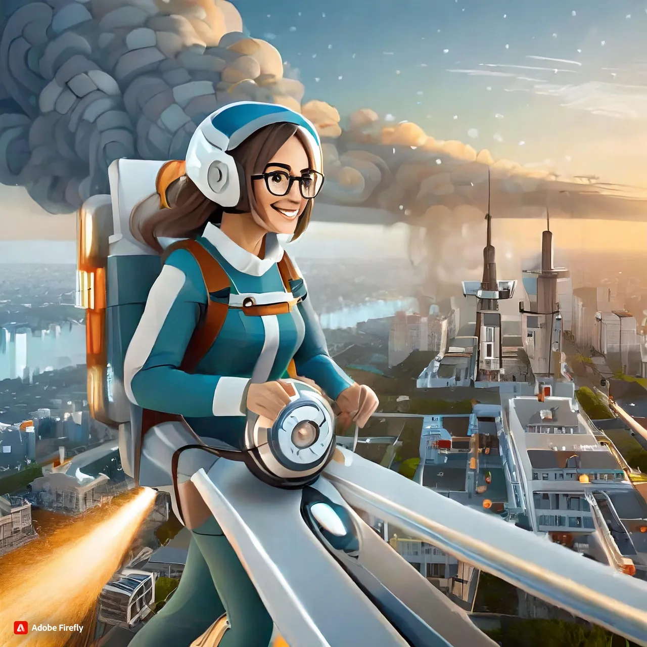 a woman with headphones is standing on top of a building