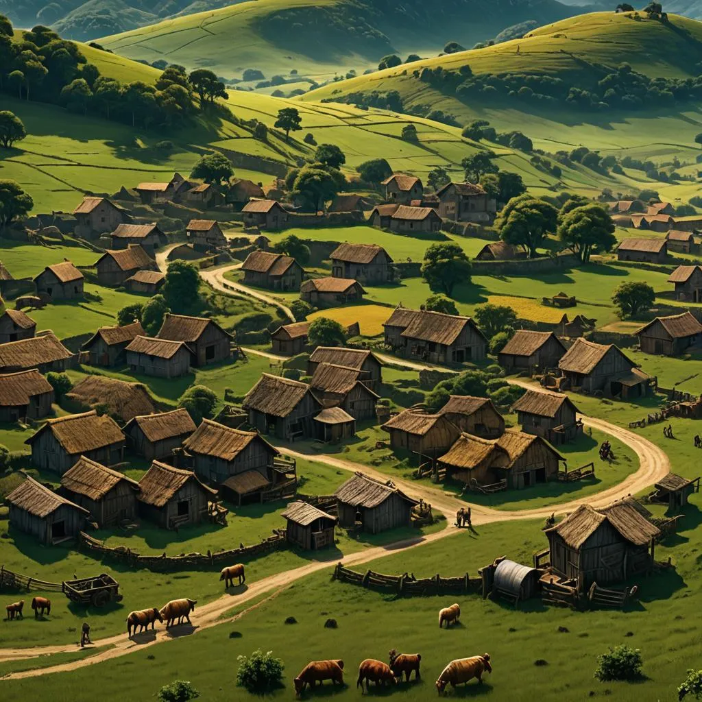 a painting of a village in the middle of a field