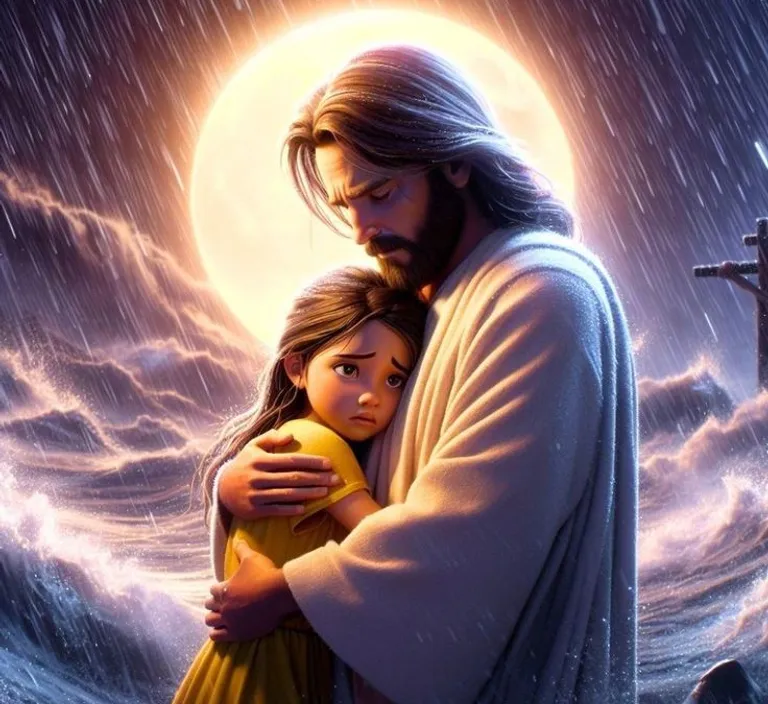 a painting of jesus holding a young girl