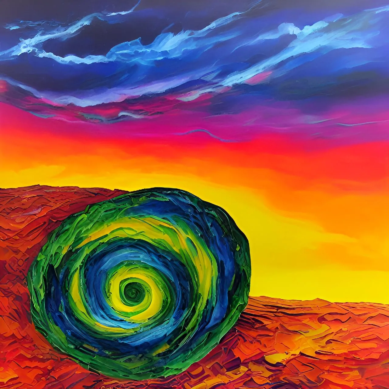 a painting of a colorful swirl in the middle of a desert