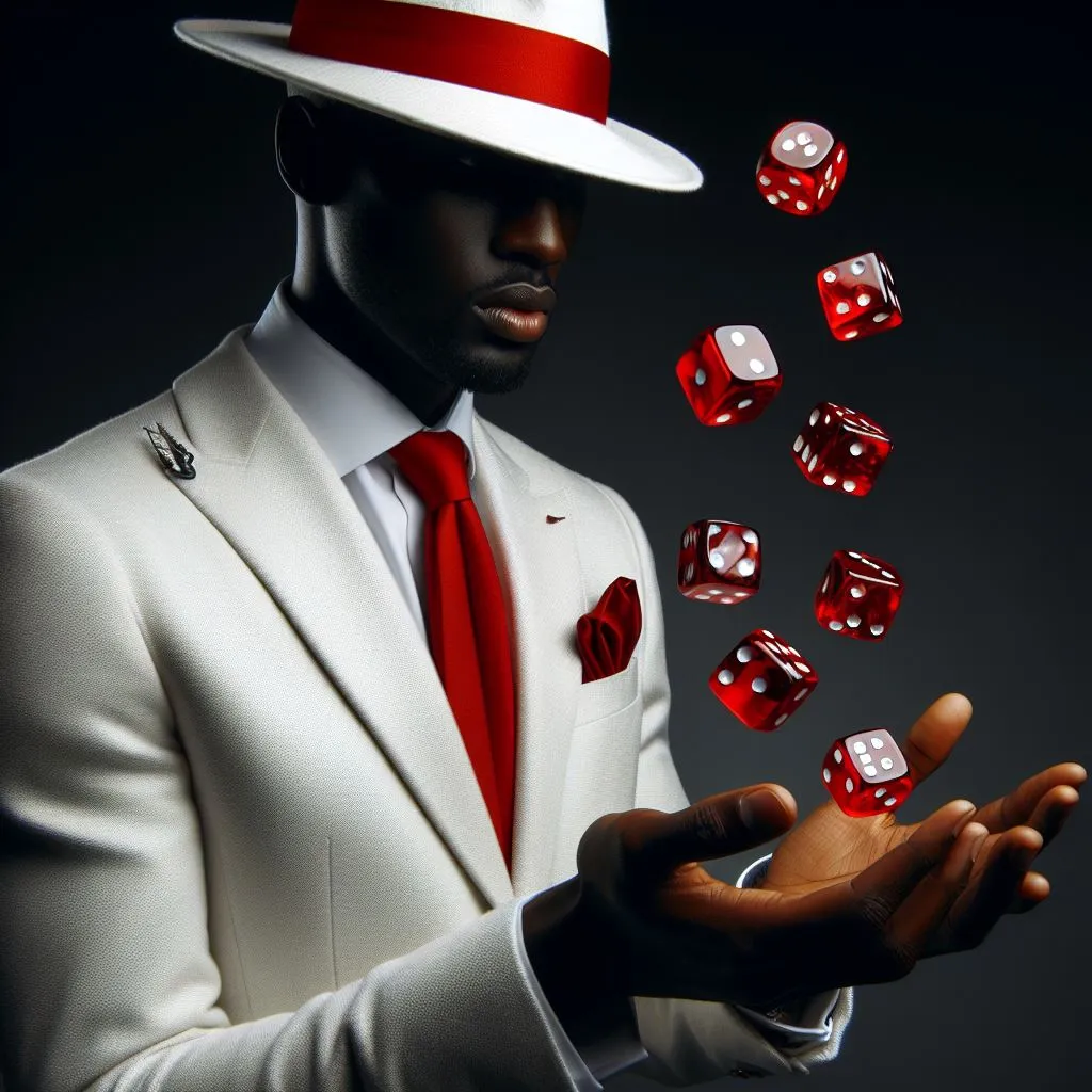 a man in a white suit and red tie juggling dice