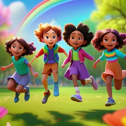 a group of children running across a lush green field