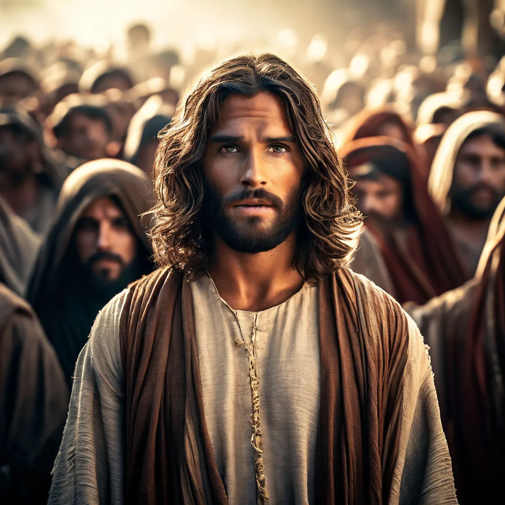 a man with long hair and a beard standing in front of a crowd of people