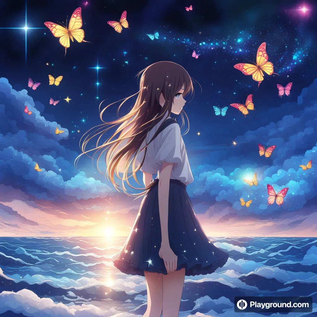 a girl standing in the ocean with butterflies flying above her