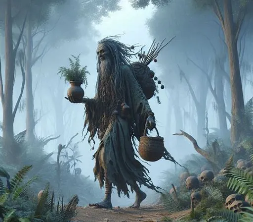 a man in a forest with a lot of plants