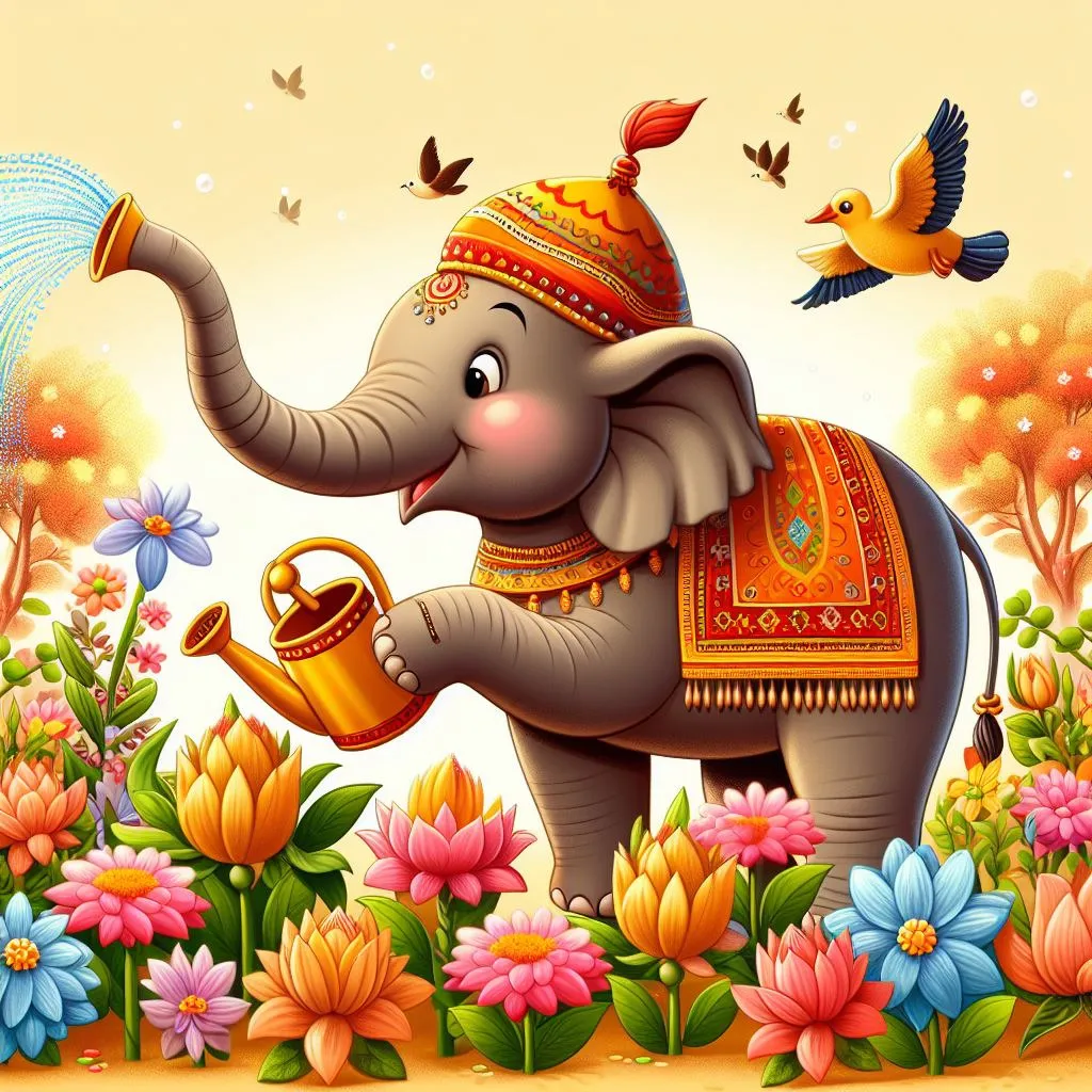 a painting of an elephant with a watering can