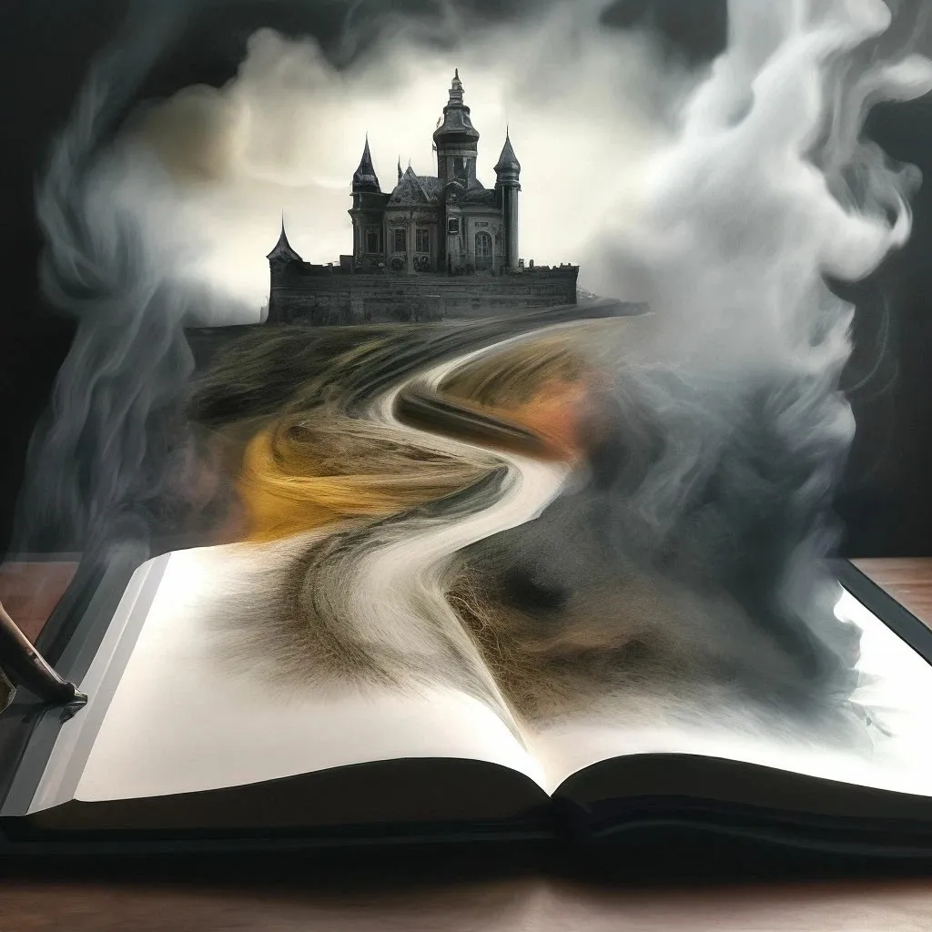 Open book with an underwater castle in a fantastical library, coral and sea creatures surrounding