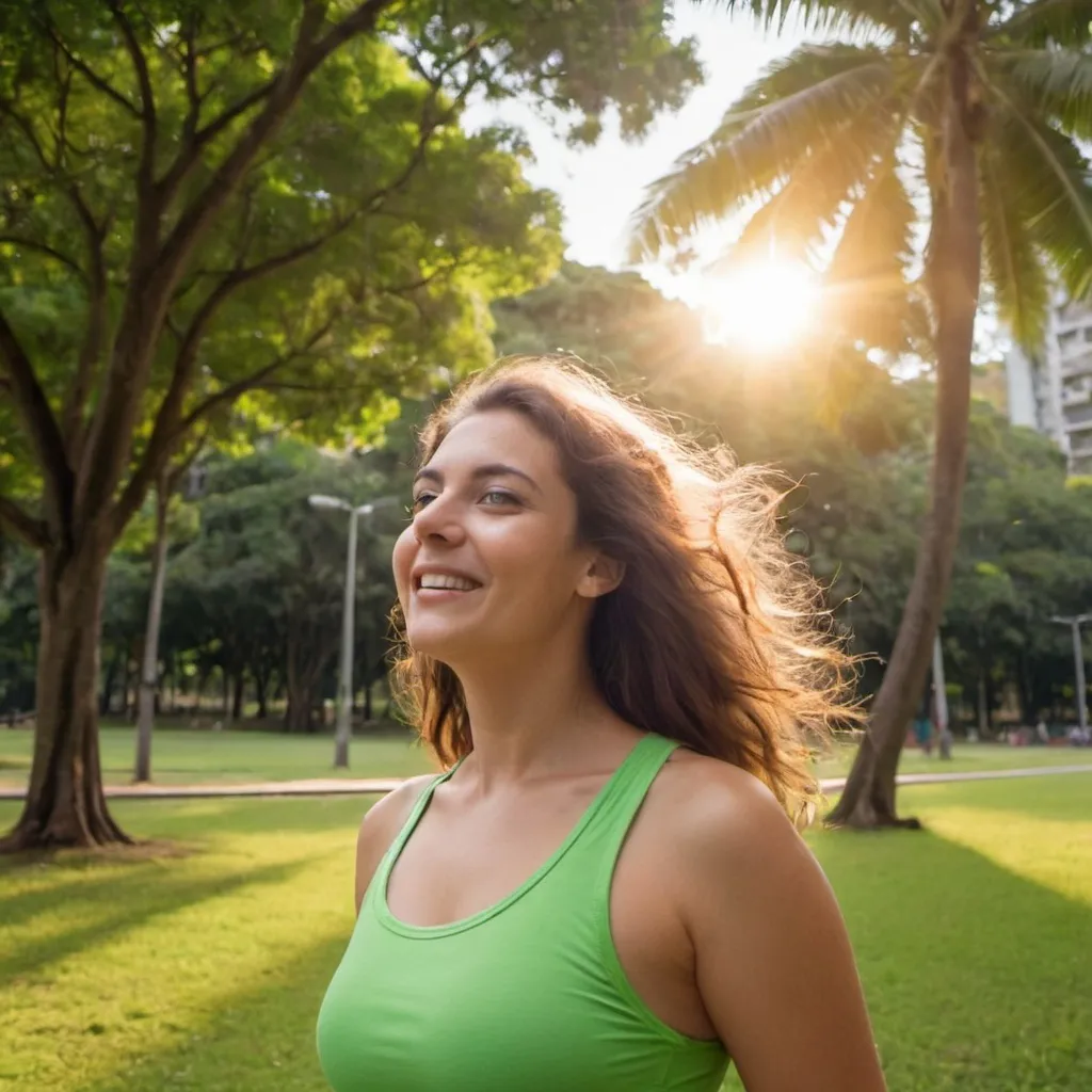 a woman in a green tank top standing in a park