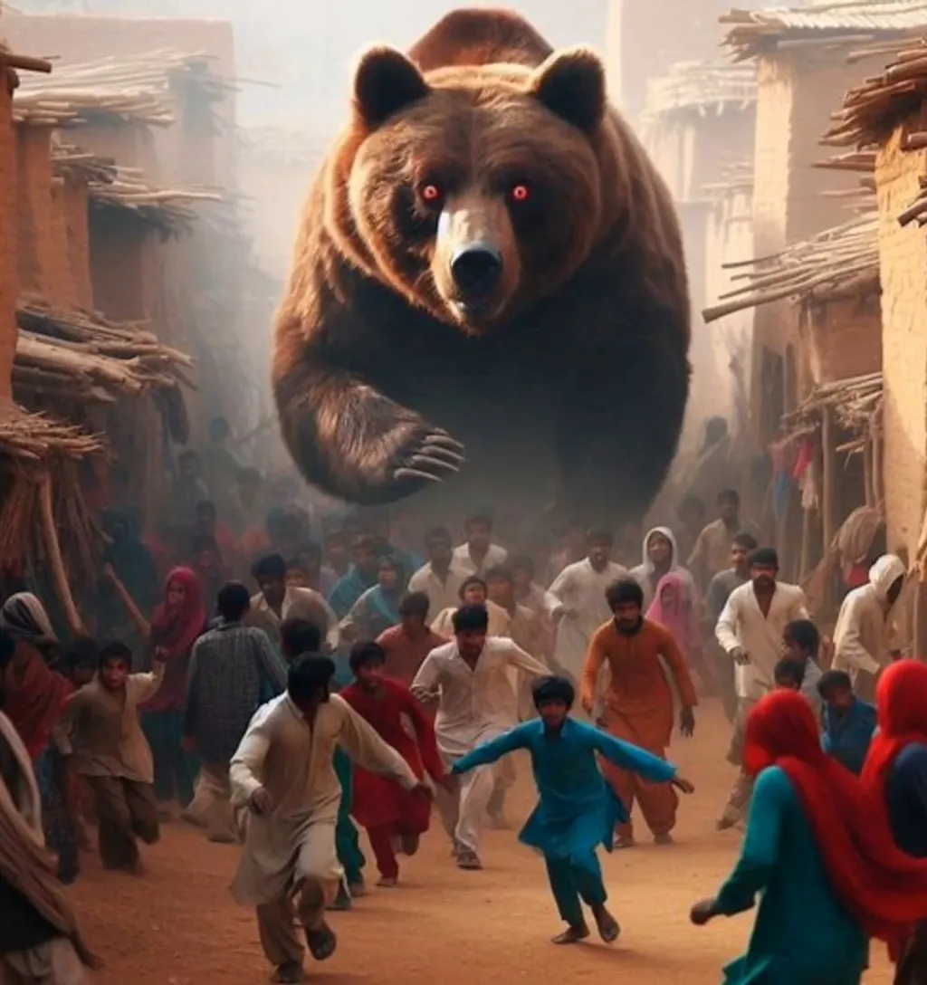  crowd of people running away from a large brown bear with red eyes