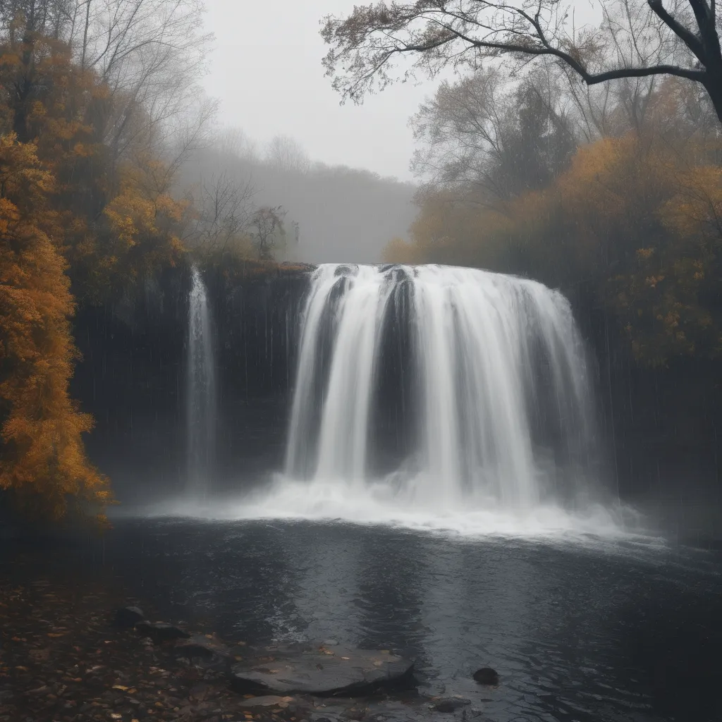 a waterfall in the middle of a river surrounded by trees