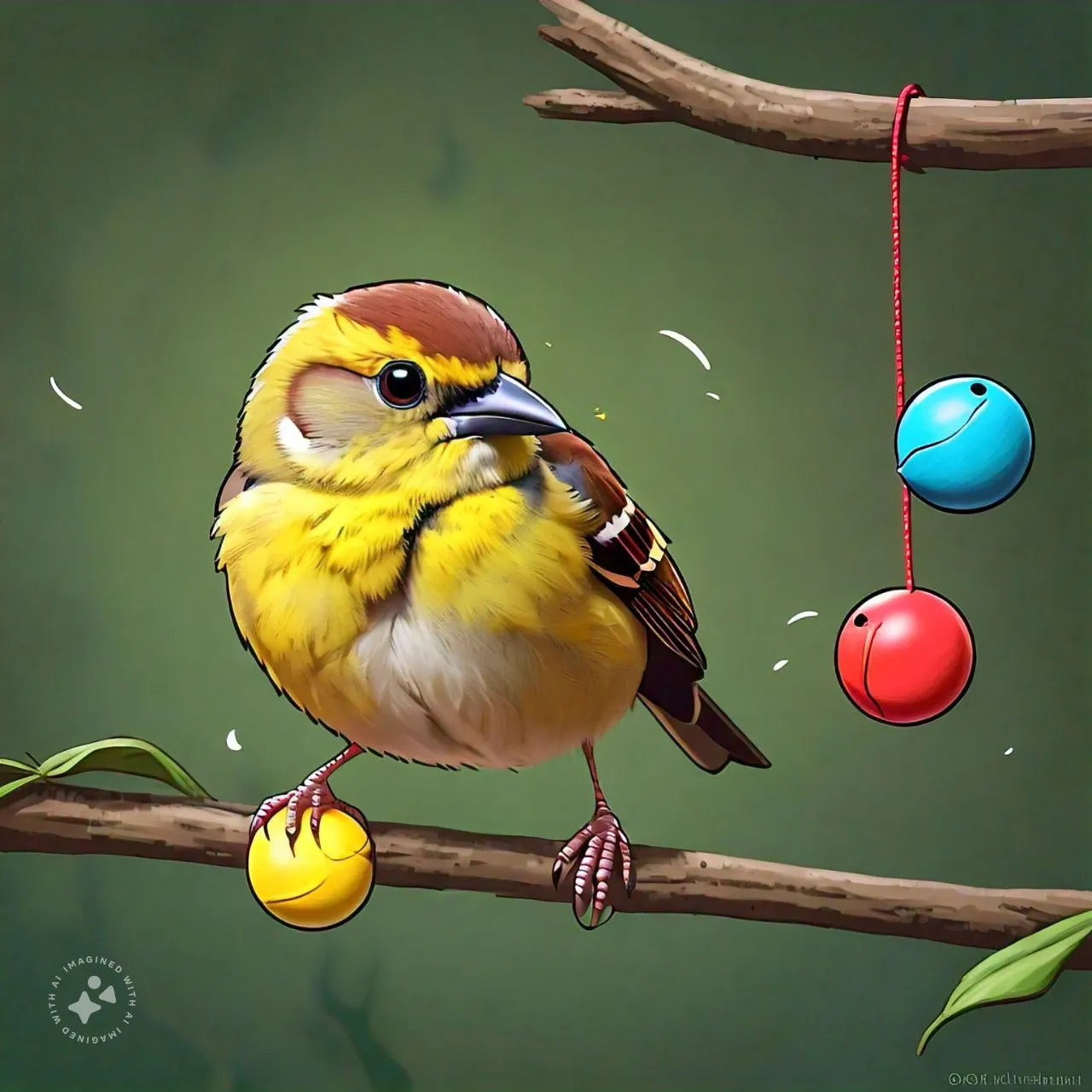 a bird sitting on a branch with a colorful clackers and playing 