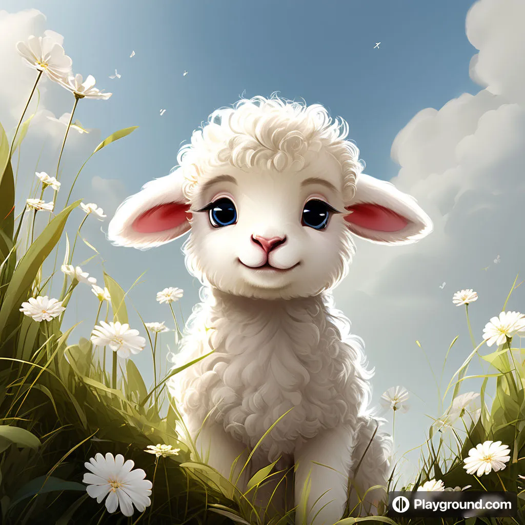 a little lamb sitting in a field of daisies