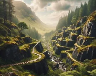 a painting of a path going through a valley