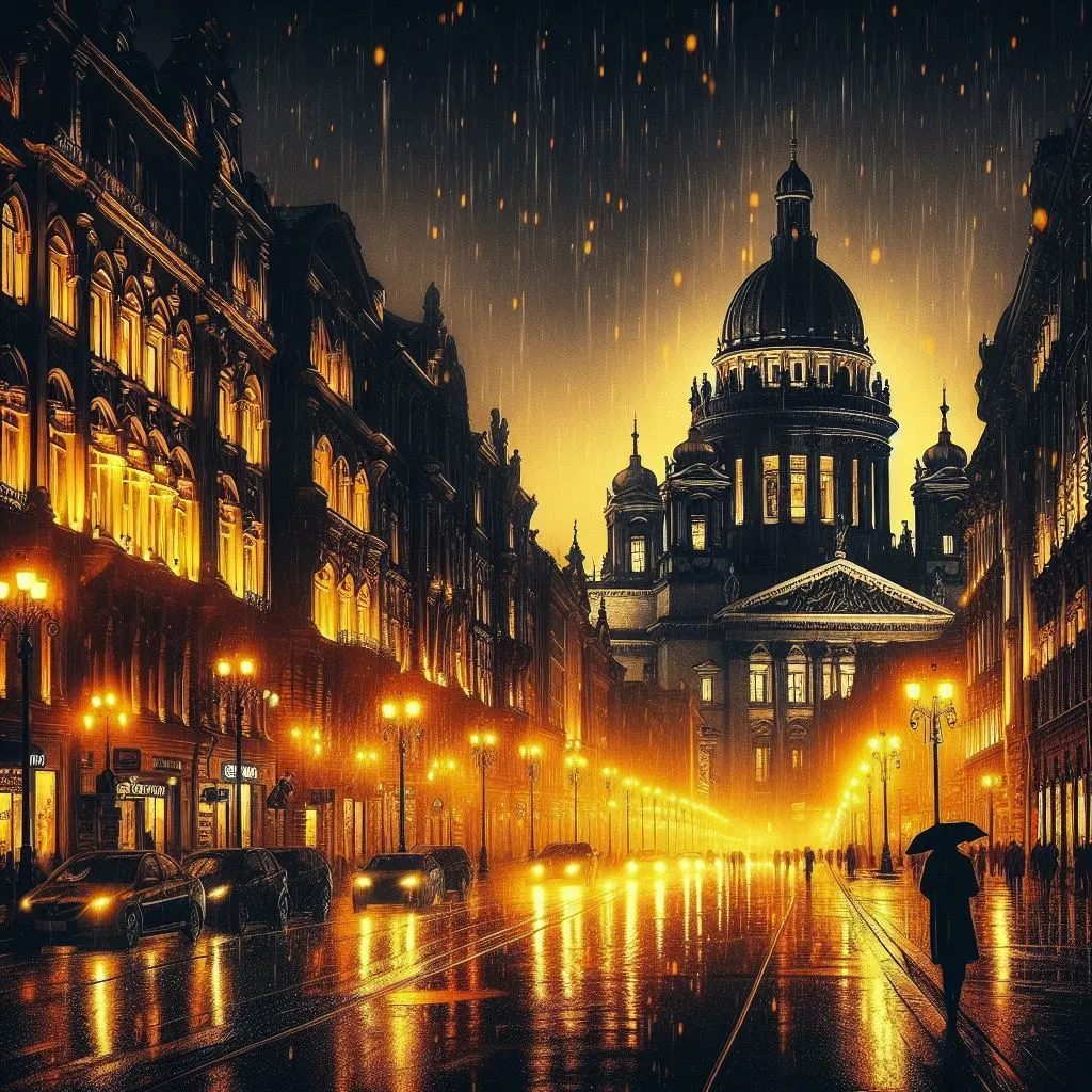 a painting of a city street at night