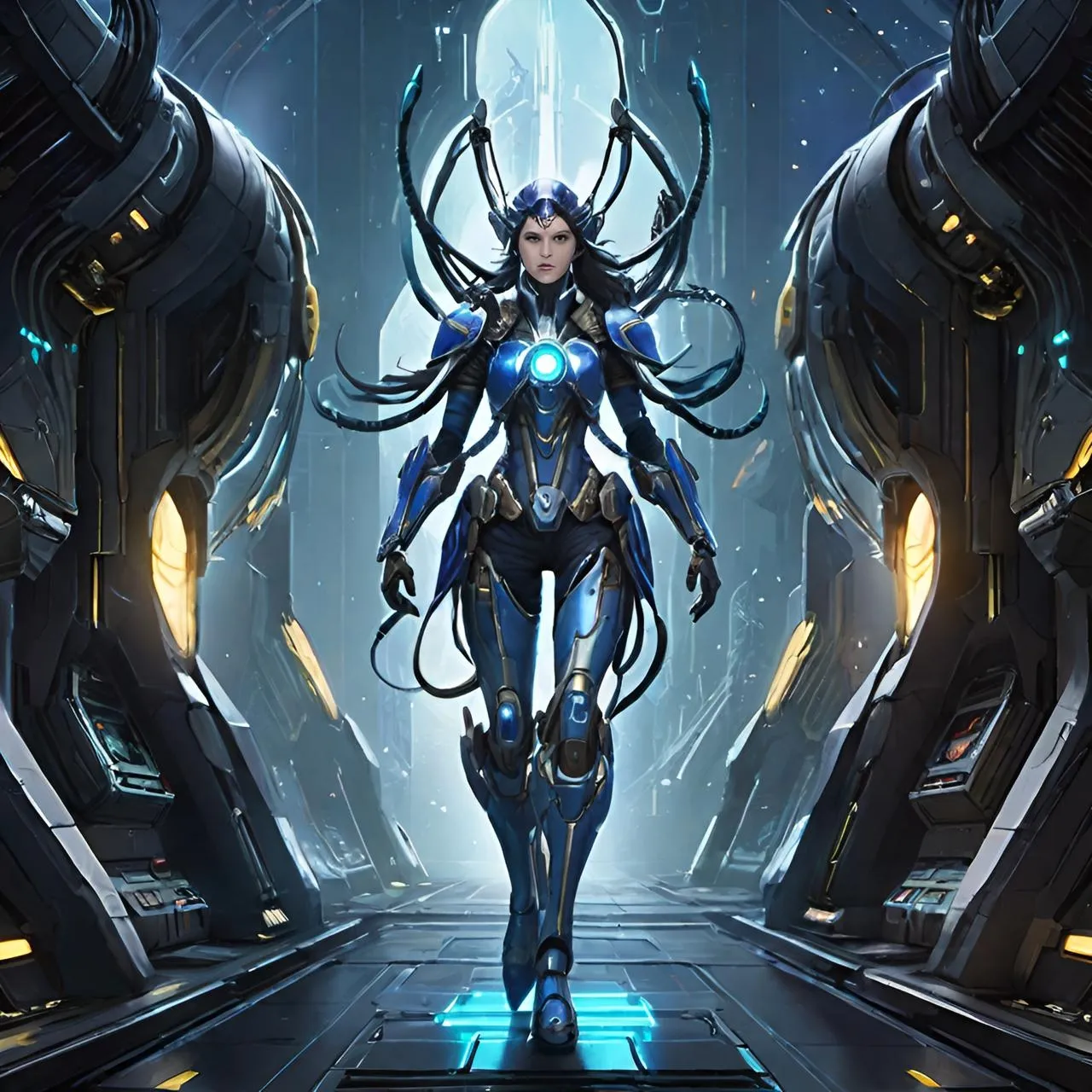 a woman in a futuristic suit walking through a tunnel