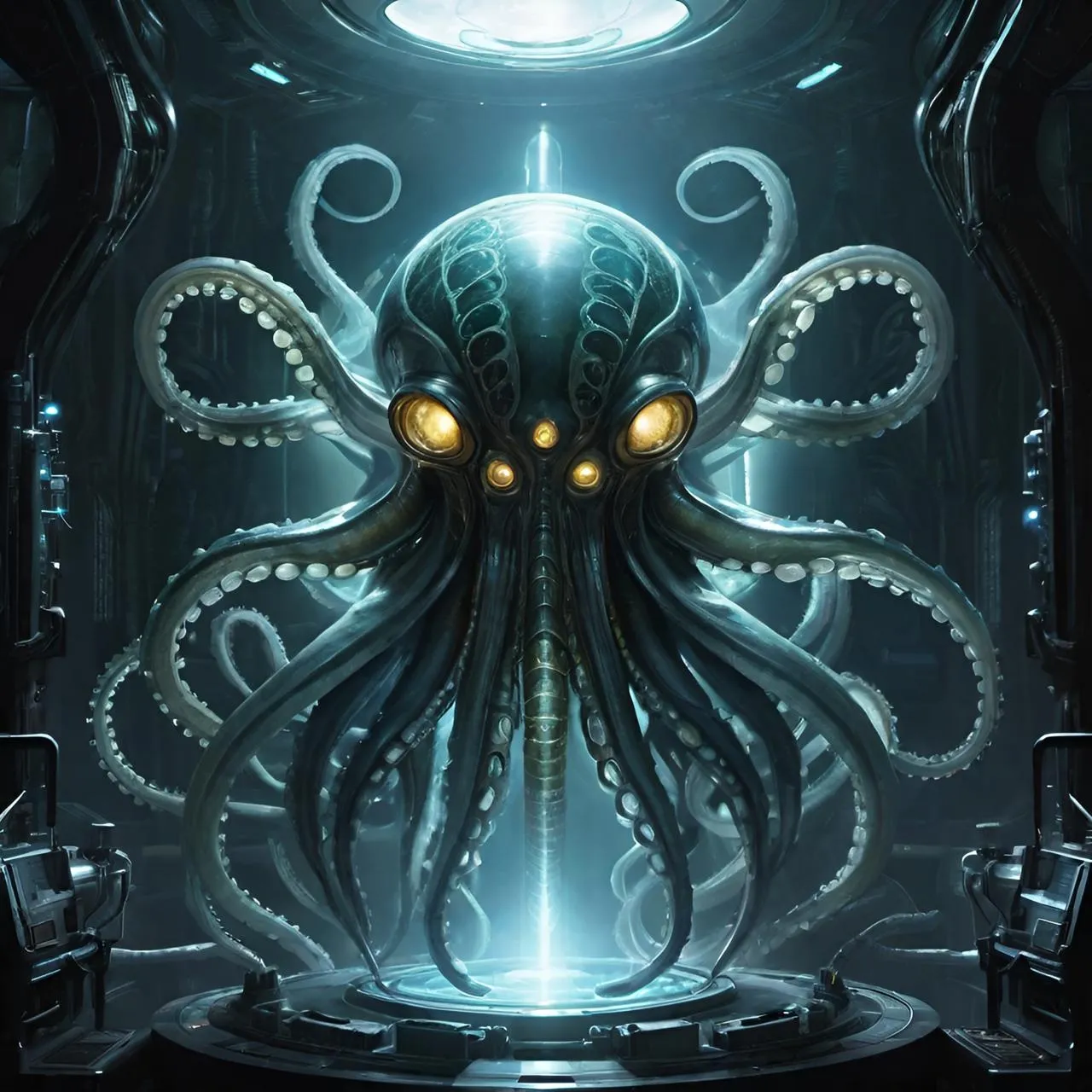 a giant octopus with glowing eyes in a dark room