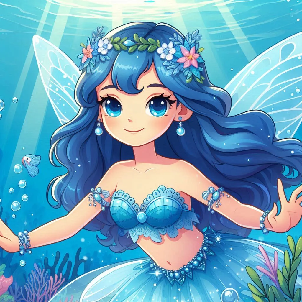  a beautiful fairy with blue hair wearing blue lehehengaa swiiming under the water D animation cartoon zoom out 