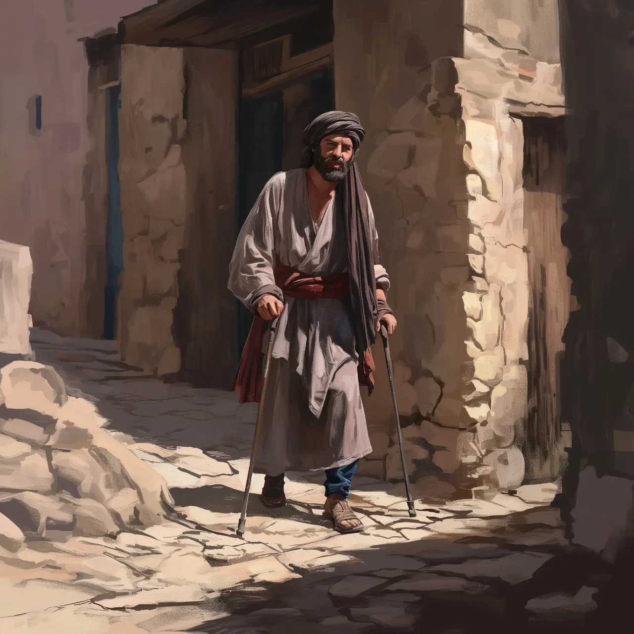 a painting of a man walking down a street