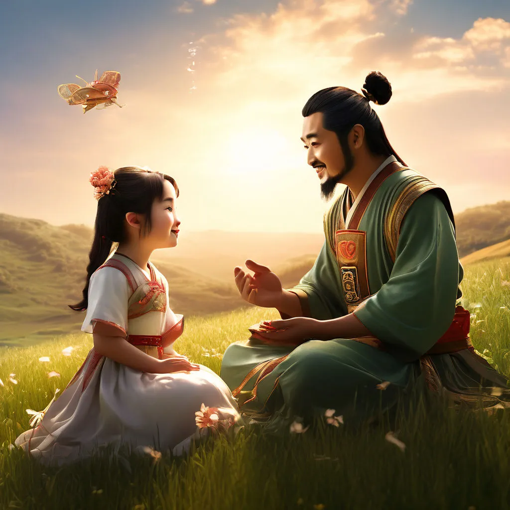 a man sitting next to a little girl in a field