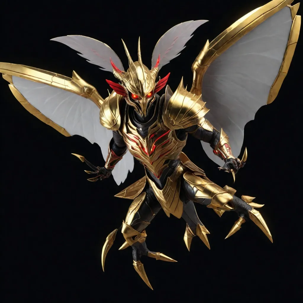 Flying statue of a winged creature with gold and white wings,