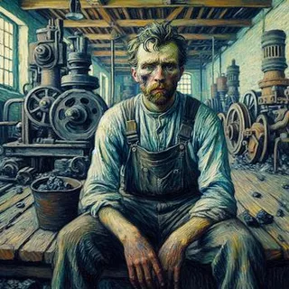 a painting of a man sitting on a bench IN A FACTORY THE MACHINES IN MOTION  Everything in impressionism style 