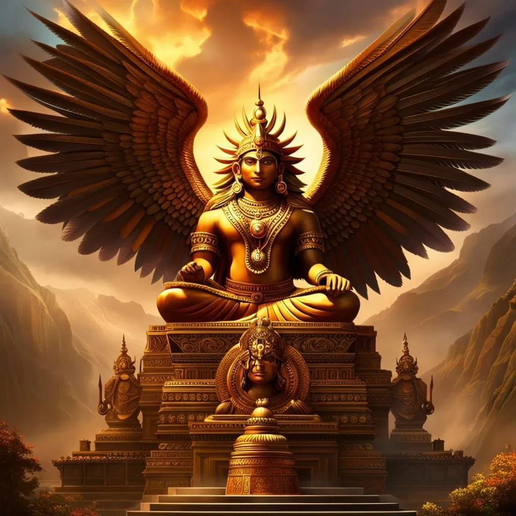 a golden statue of an angel sitting on top of a mountain