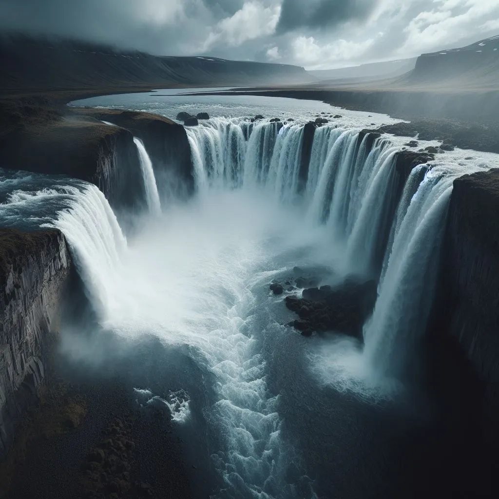 A large waterfall surrounded by majestic mountains, a rainbow reflecting in the mist