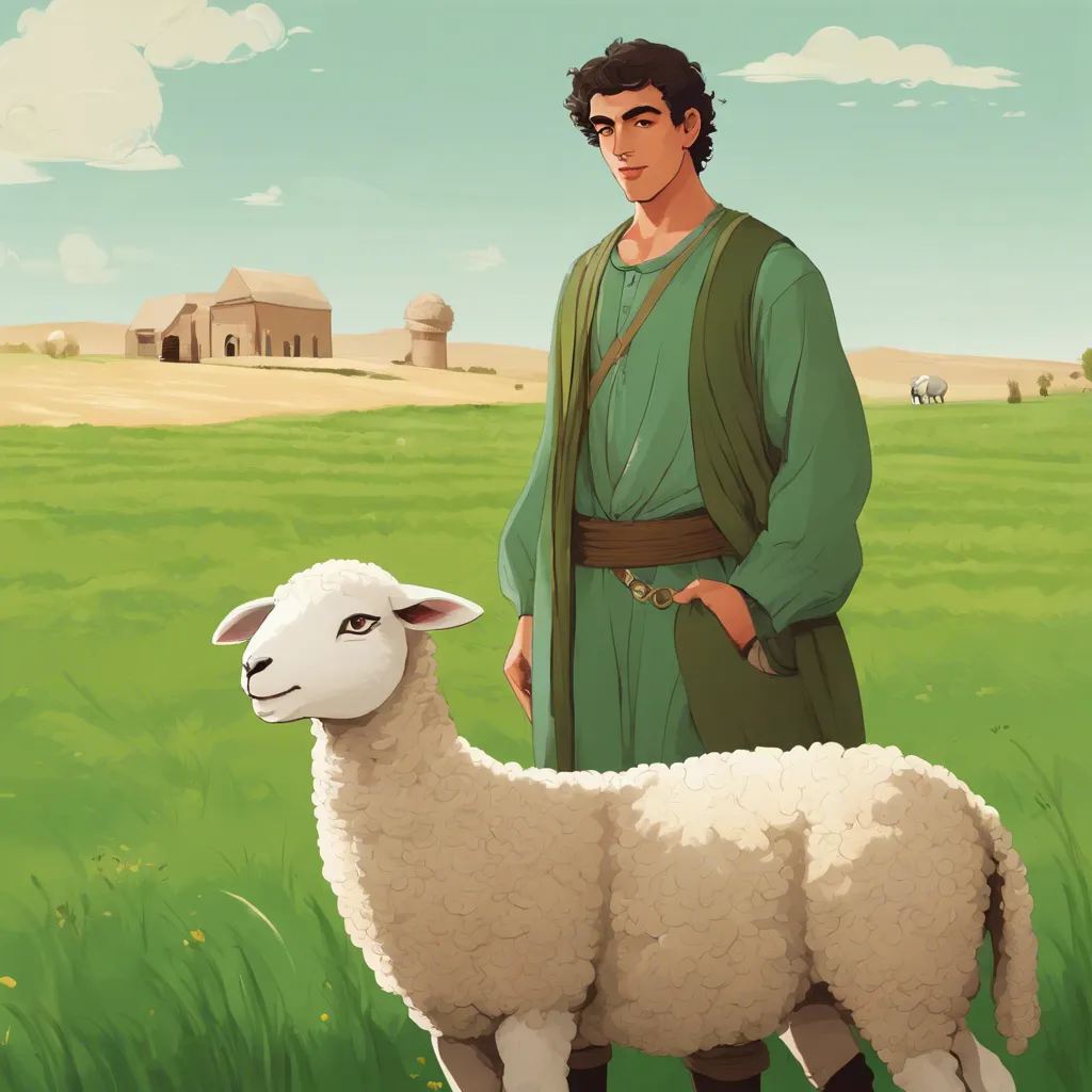 a painting of a man standing next to a sheep