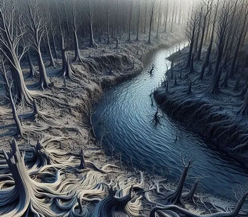 a painting of a river surrounded by trees