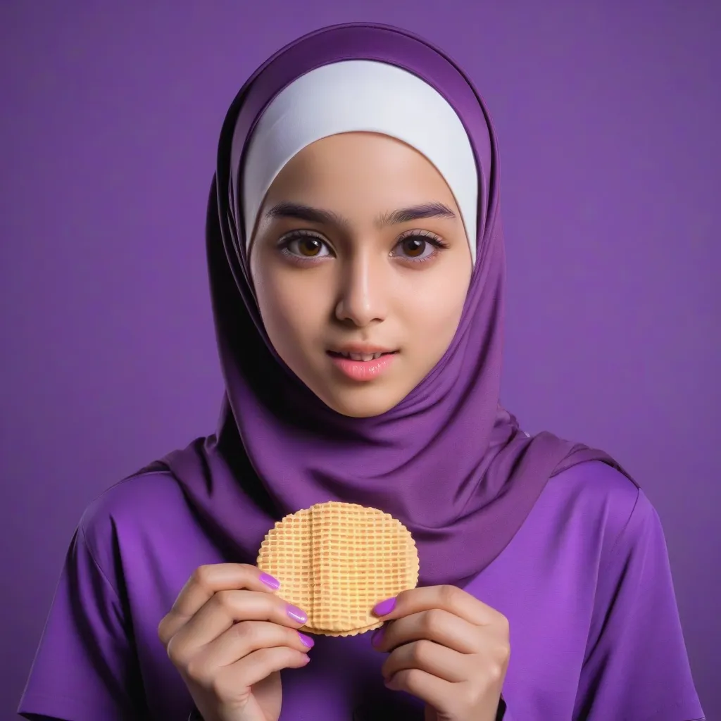 a woman in a purple hijab holding a waffle and eat waffle 