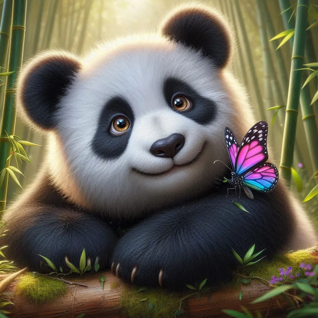 a panda bear with a butterfly sitting on a log