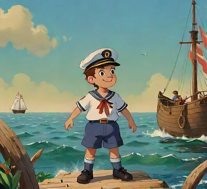 a boy in a sailor's outfit standing on a rock in front of a