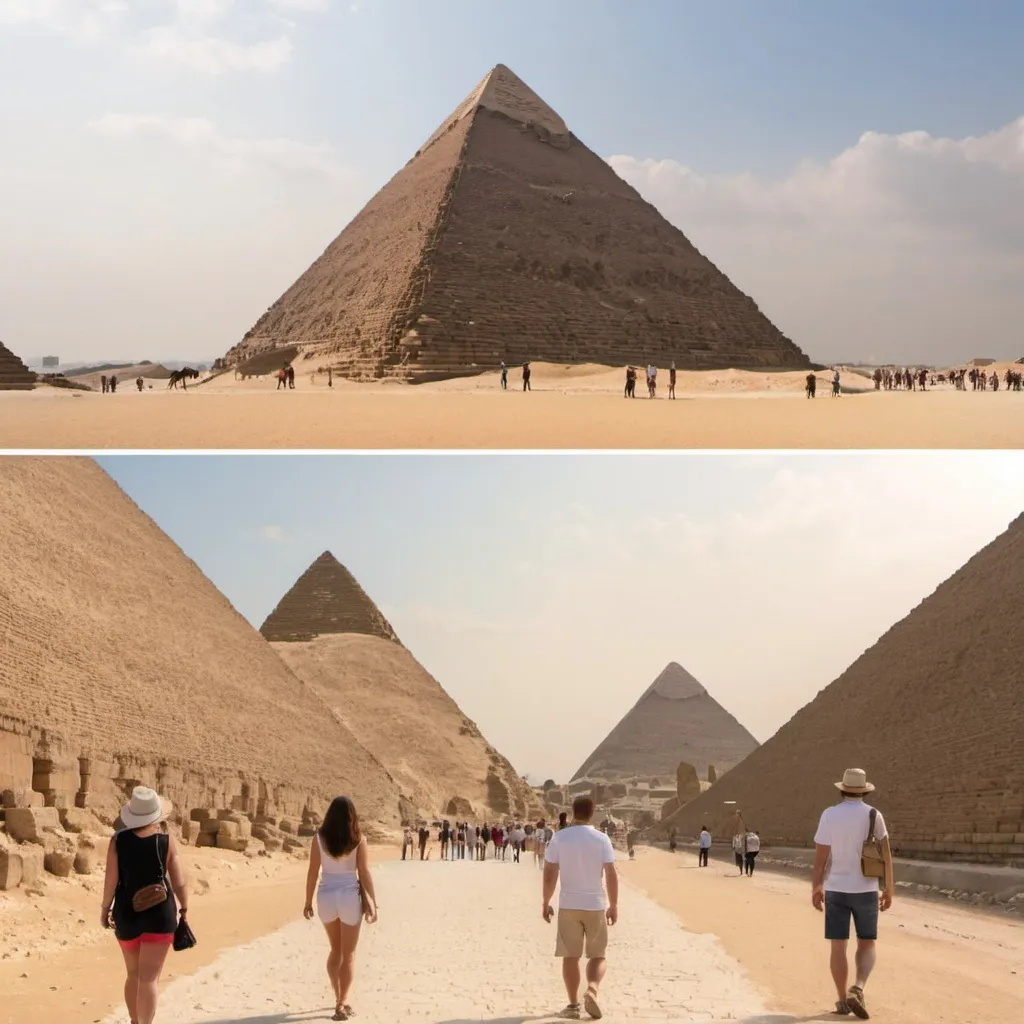 two pictures of people walking in front of the pyramids