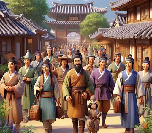 a painting of a group of people walking down a street