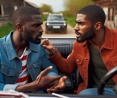 two men sitting in a car talking to each other