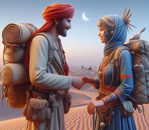 a man in a turban talking to a woman in a desert