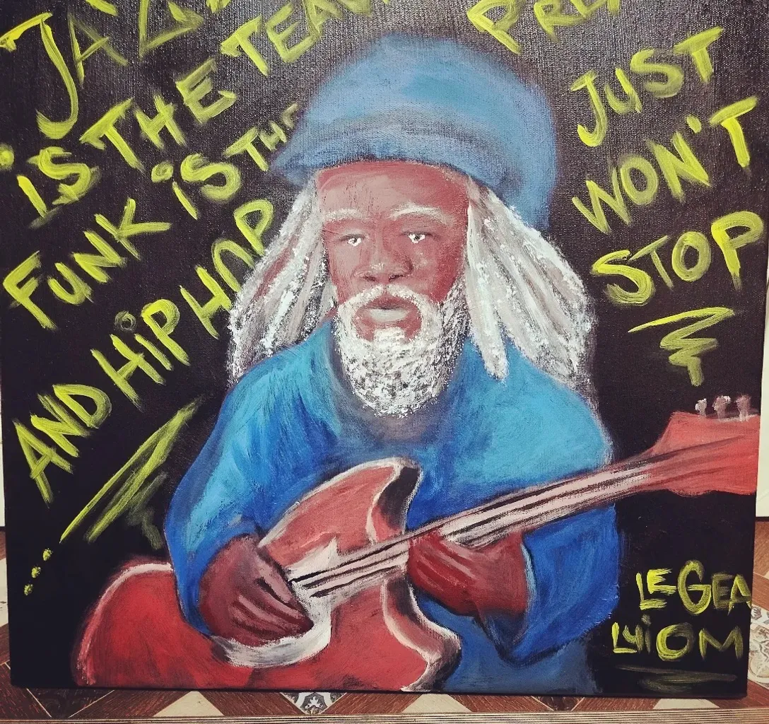 a painting of a man playing a guitar