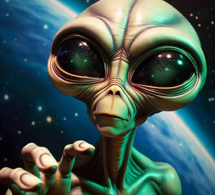 a close up of an alien looking at the camera gesturing a peace sign with his fingers while smoking a cigarette