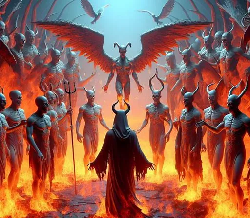 a painting of a demon surrounded by other demonic creatures