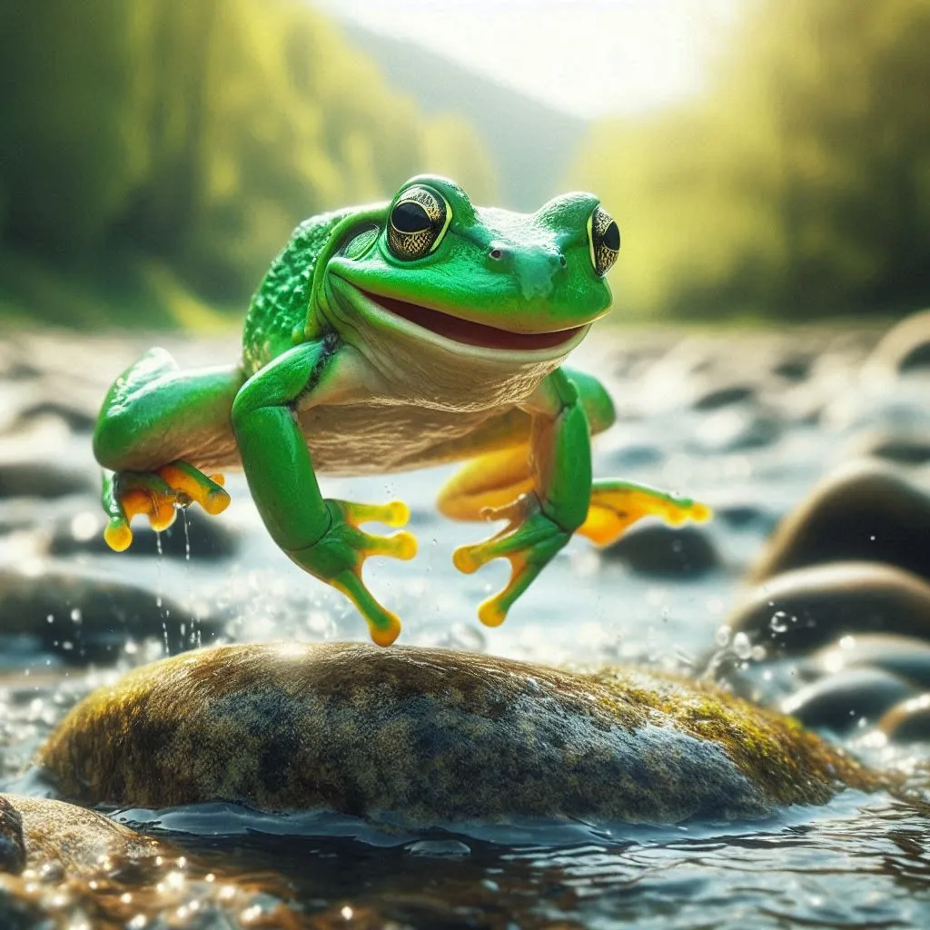 a frog jumping over a rock in a river