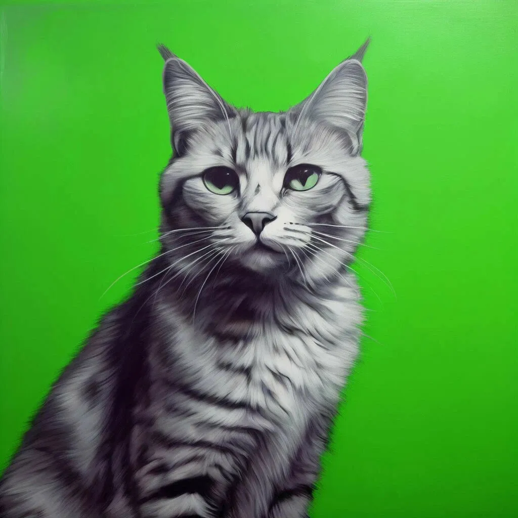 a painting of a cat on a green background